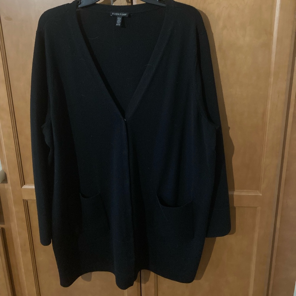Eileen Fisher long black sweater with snaps